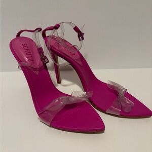 SCHUTZ Hot Pink Clear Bow Strap Stiletto Sandals
